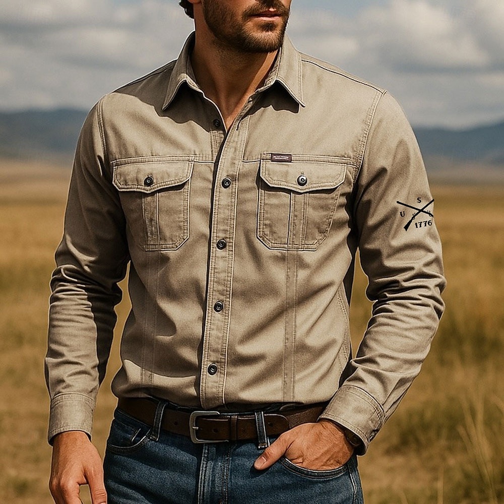 Herren Mit Buchstaben bedruckt Arrow 1776 Arbeitshemd Westernhemd Cargohemd Langarm Taktisch Vintage-Retro Sport im Freien Arbeitskleidung Frühling Herbst Umlegekragen Zwei Fronttaschen Hemden mit 2026 - $27.99 –P4