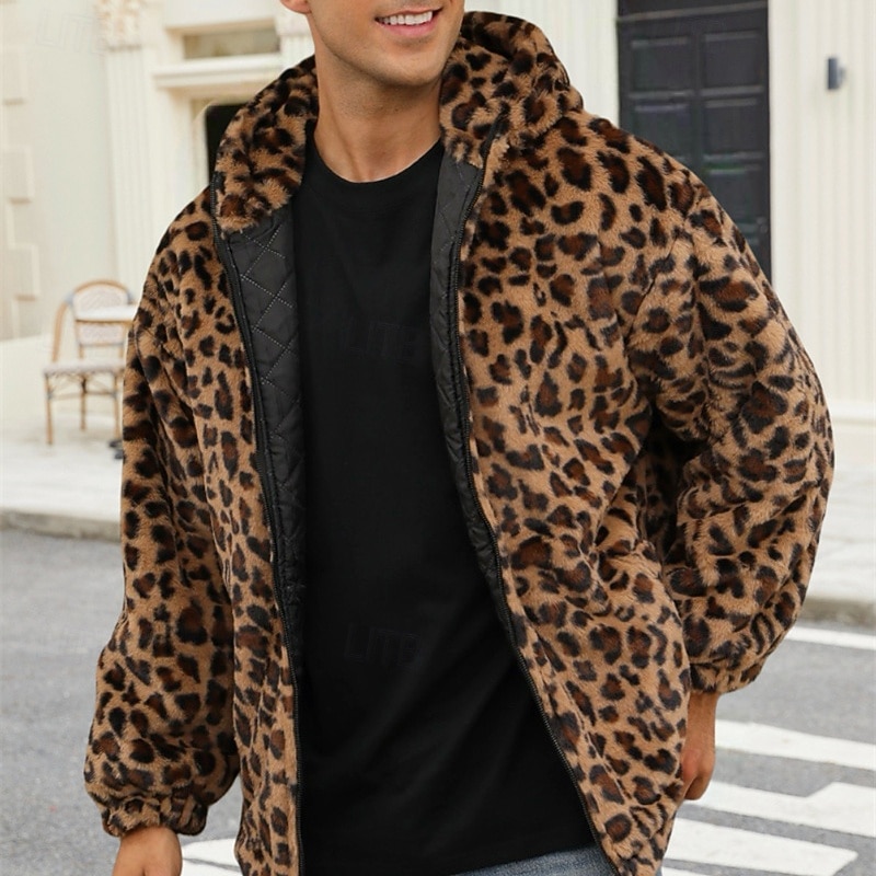 Voor heren Winterjack Jas van imitatiebont Dagelijks Vakantie Thermisch Warm Fleece Herfst Winter Luipaard Modieus Streetwear Capuchon Normaal Imitatiebont Geel Jacks 2026 - $50.99 –P12
