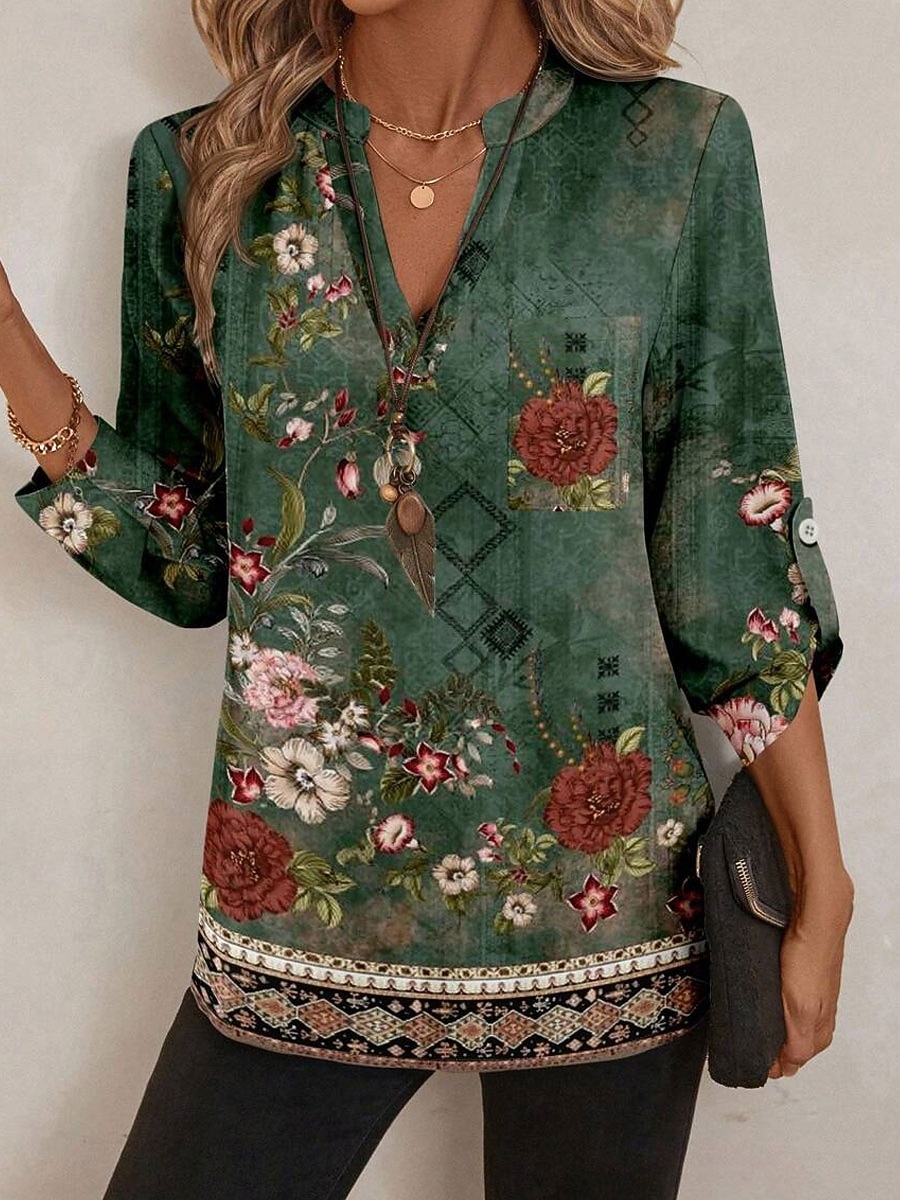 Damen Bluse Druck Blumen Grafik Vintage Tropisch Hawaiianisch Langarm V Ausschnitt Normale Oberteile Täglich Ferien Strandbekleidung Blau Grün Frühling Herbst Winter 2026 - $32.99 –P3