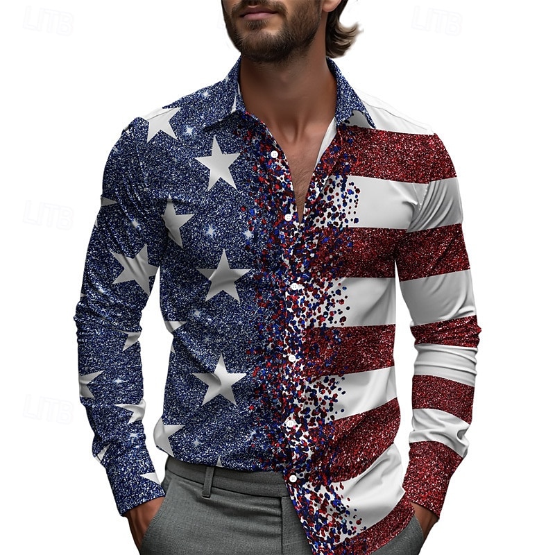 Men's American Flag Shirt Casual Shirt Beach Shirt Long Sleeve Casual Comfortable Vacation Street Hawaiian Spring Fall Lapel Print Dark blue Red Blue 2026 - BHD 11.06 –P3
