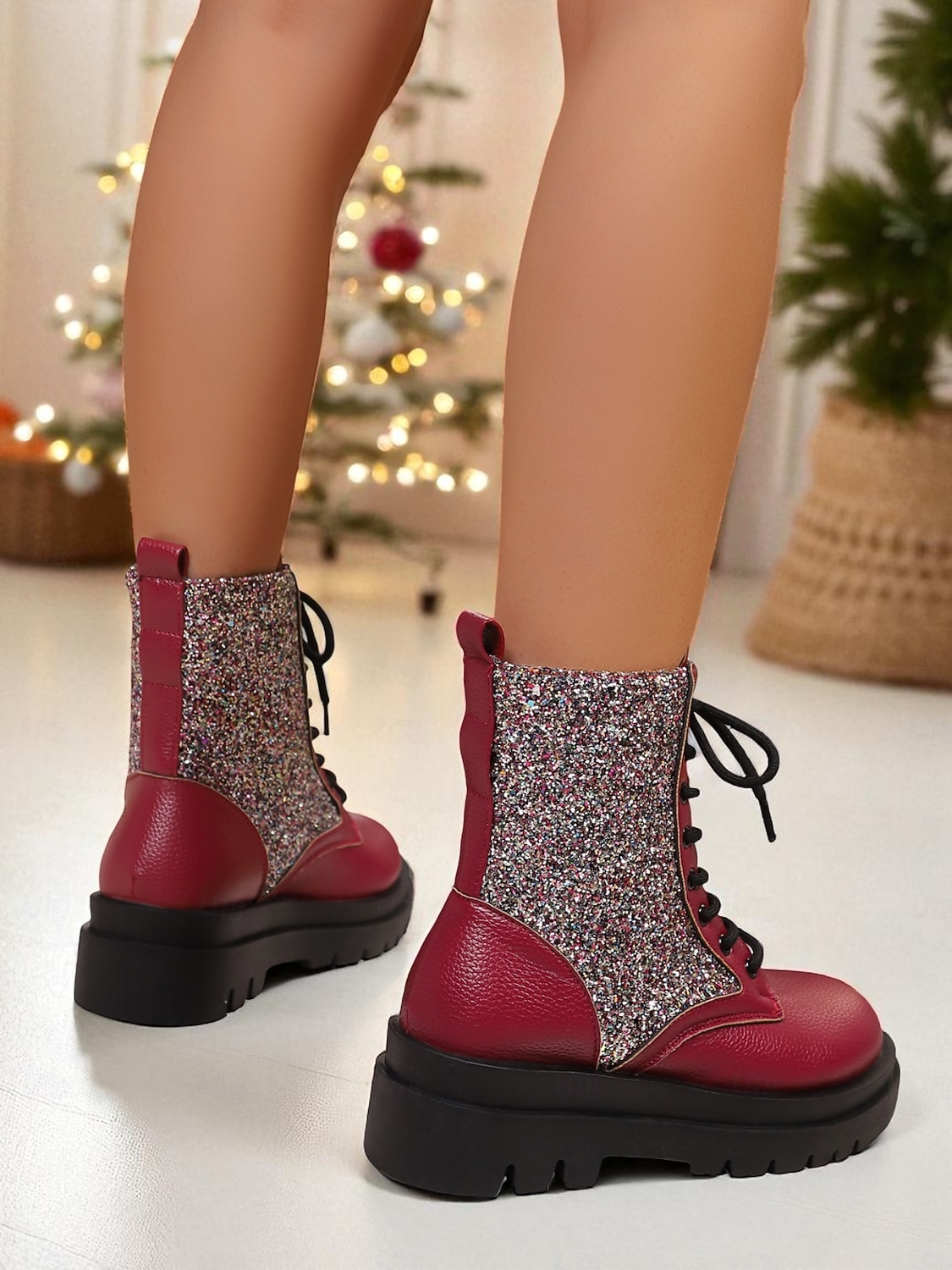 Botas de combate con purpurina roja para mujer: botines con cordones brillantes para mujer, ideales para Navidad, fiestas de invierno y salidas festivas. 2025 - $34.99 –P5