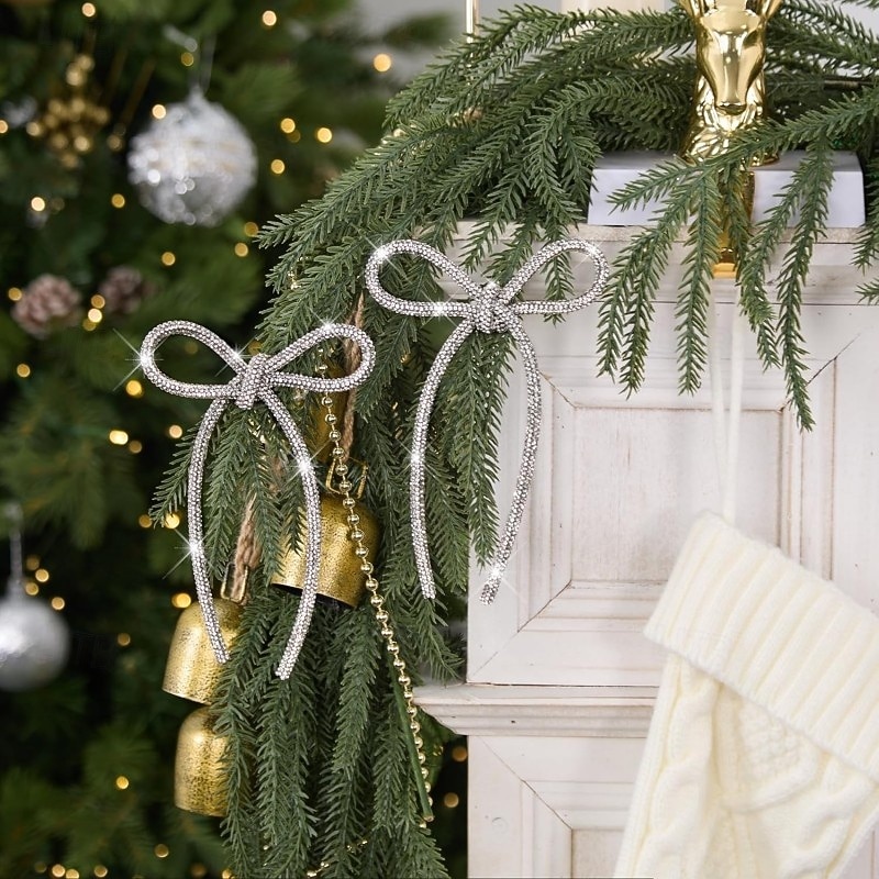 6 stk. julesløyfedekorasjon champagne gull glitrende strass-sløyfe med metalltrådsbånddekorasjon egnet for juletrepynt blomstergirlander gaveemballasje 2025 - $14.99 –P13