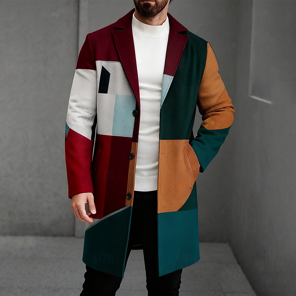 Men's Geometric Color Block Lightweight Jacket Overcoat Thermal Warm Casual Business Daily 3D Print Buttons Front Pocket Spring Fall Winter Notch Long Sleeve White Red Blue 2026 - $69.99 –P1
