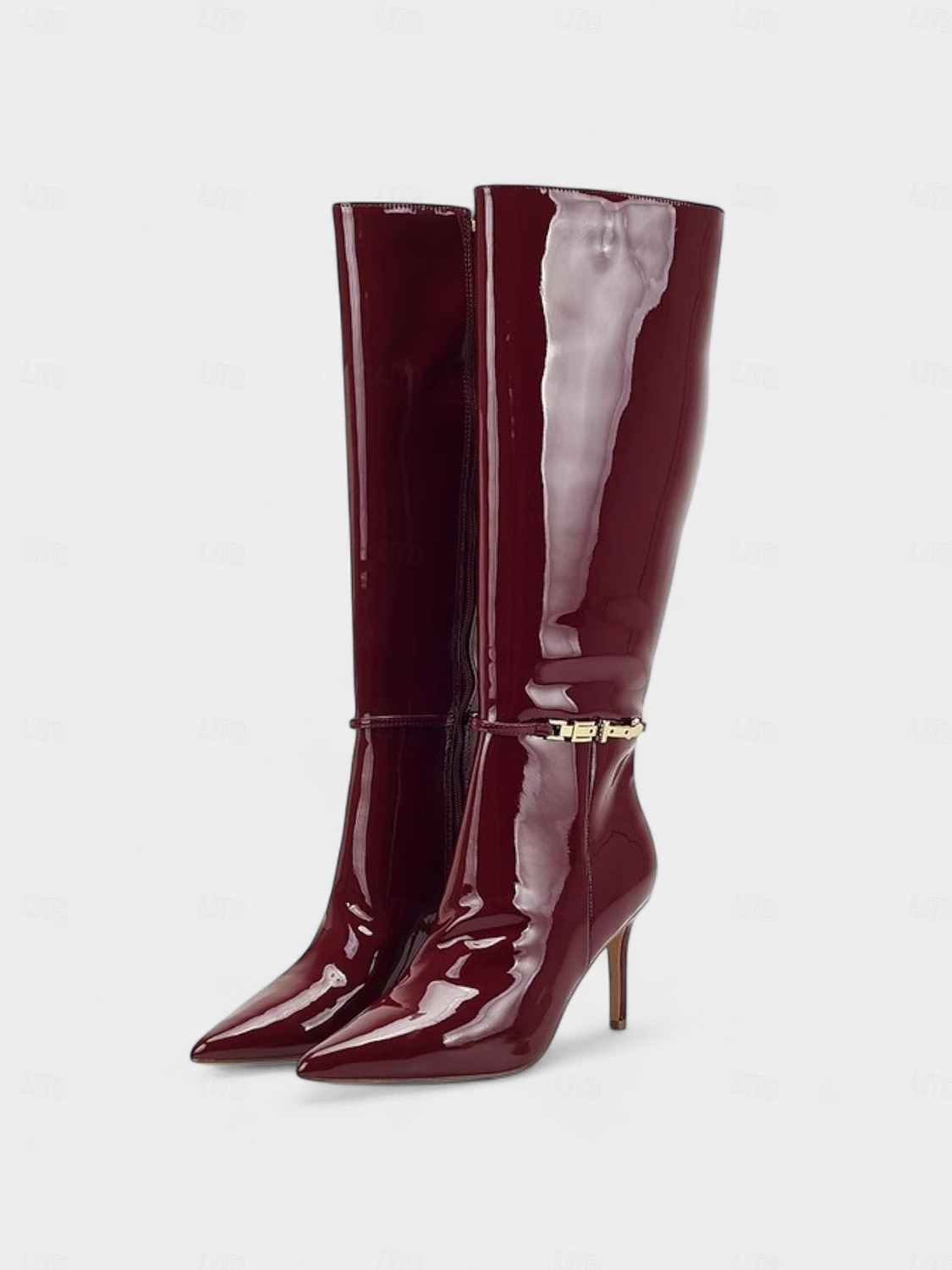 Dámské vínové lakované kozačky z imitace kůže se zlatou přezkou, špičatou špičkou a stylovým jehlovým podpatkem, ideální na Vánoce, vánoční večírky a slavnostní příležitosti. 2026 - $69.99 –P2
