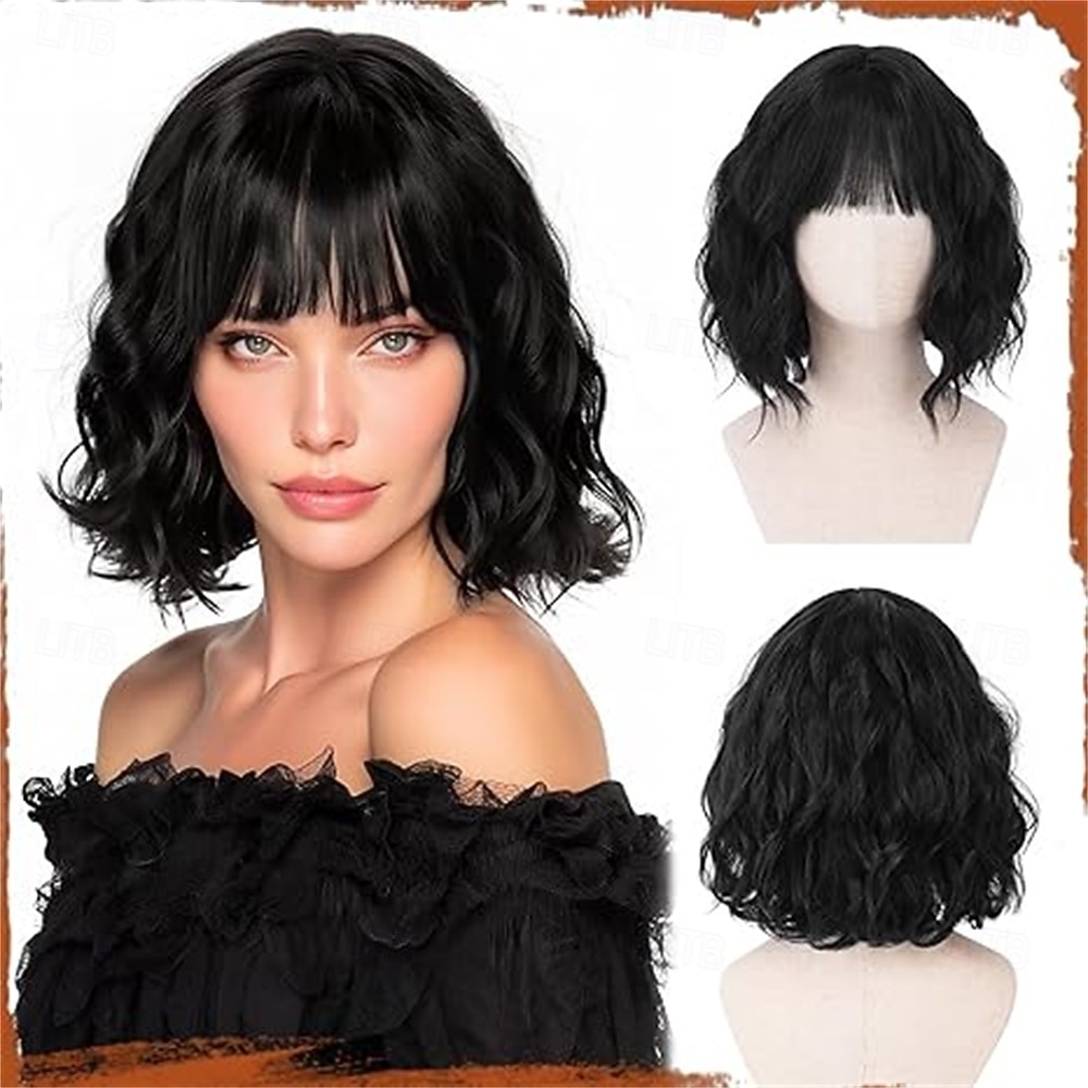 Krátká vlnitá paruka s hnědým melírem - 30 cm bob paruka s ofinou pro ženy, kudrnatá bob paruka po ramena s ofinou, měkké syntetické vlasy, paruky pro dívky, denní nošení, párty 2026 - $21.99 –P4