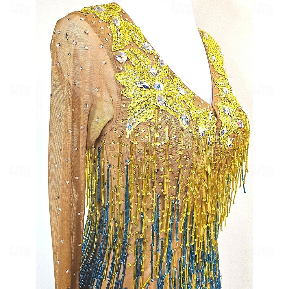 Women’s Gold and Blue Latin Dance Dress with Crystal Rhinestones and Fringed Details for Salsa, Tango, and Dance Performance 2026 - $365.69 –P3