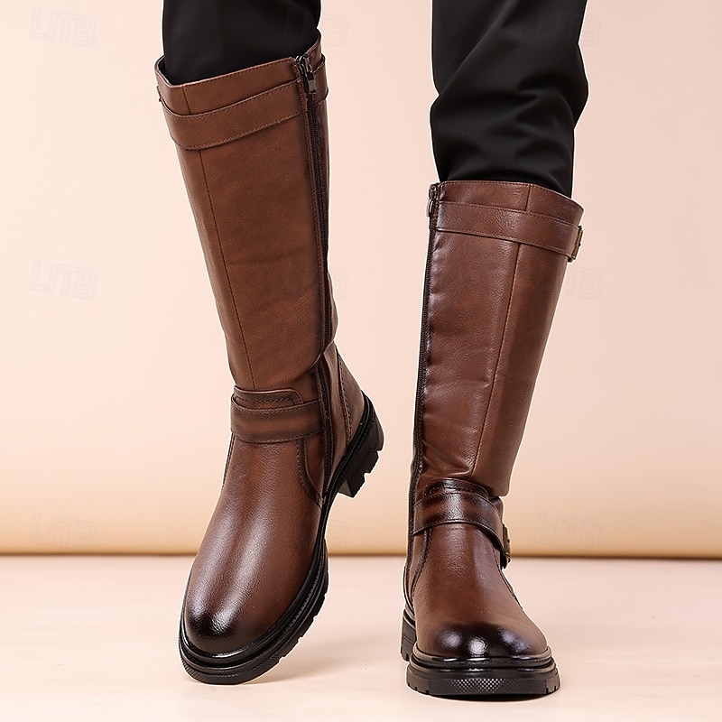 Bottes d'équitation montantes en similicuir marron pour homme avec sangle à boucle, bottes hautes équestres vintage pour la mode et les costumes de 2025 ? $69.99 –P3