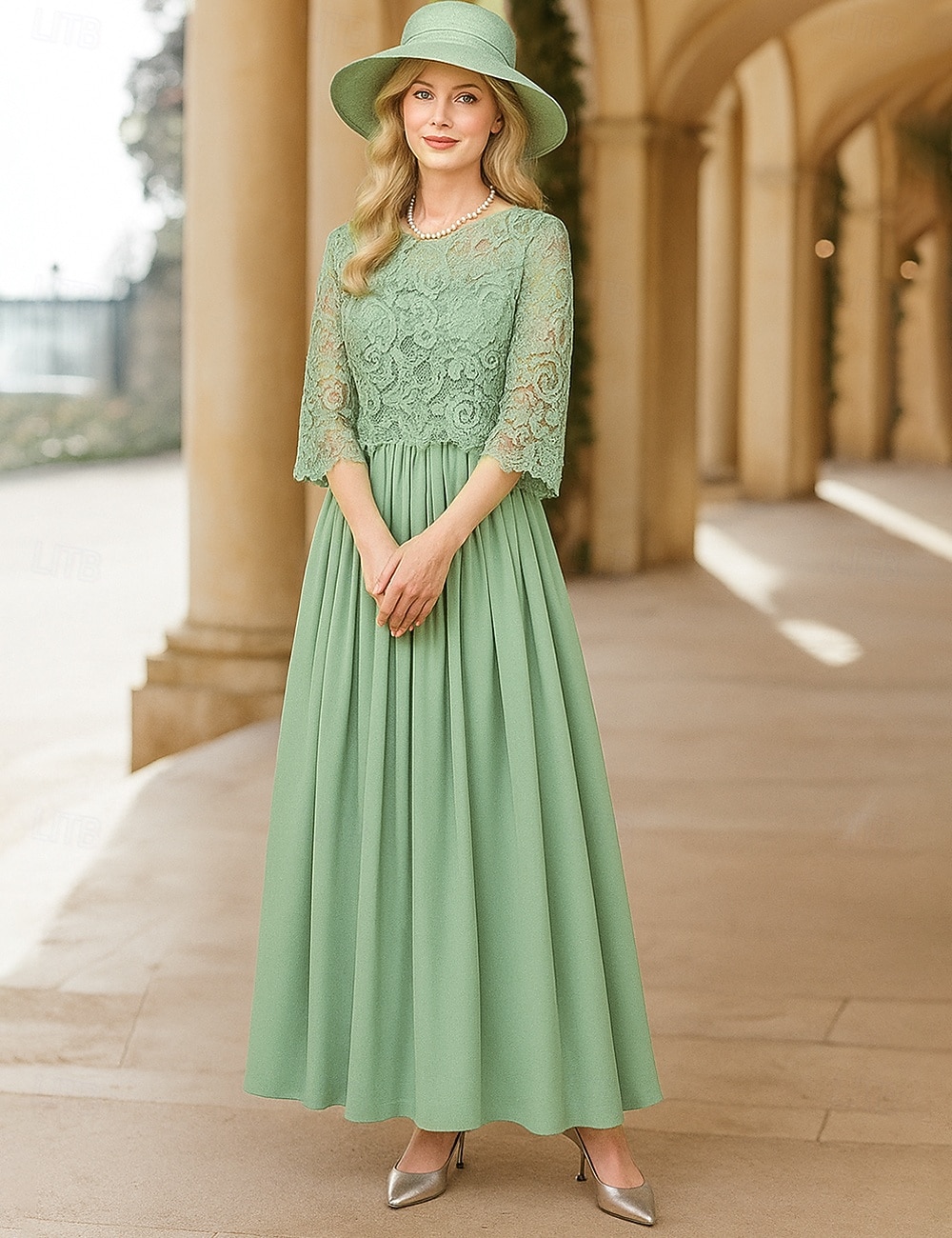 A-linje gulvlang brudgjestkjole formelle kjoler kveldsdrakt mor til bruden kjole 3/4 lengde erme rund hals elegant formell blonde med ensfarget 2026 - $91.99 –P4