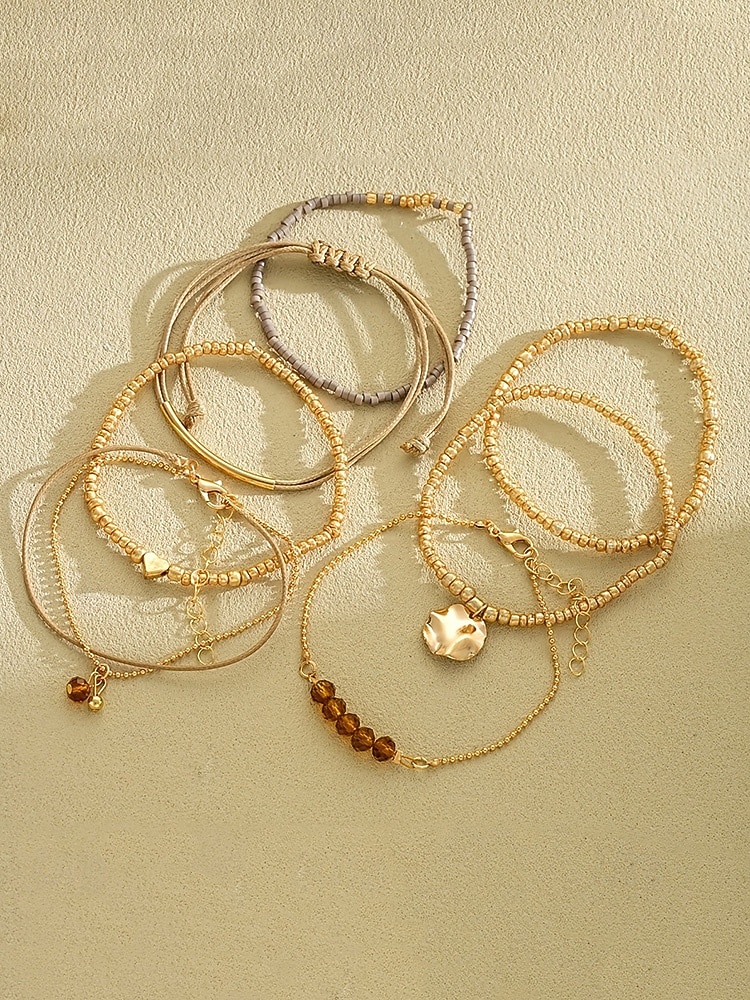 Women's Bohemian Beaded Layered Bracelet Set – Gold and Brown Multi-Strand Bangles with Heart & Charm Accents, Fashion Jewelry for Parties, Festivals and Everyday Wear 2025 - $11.99 –P3