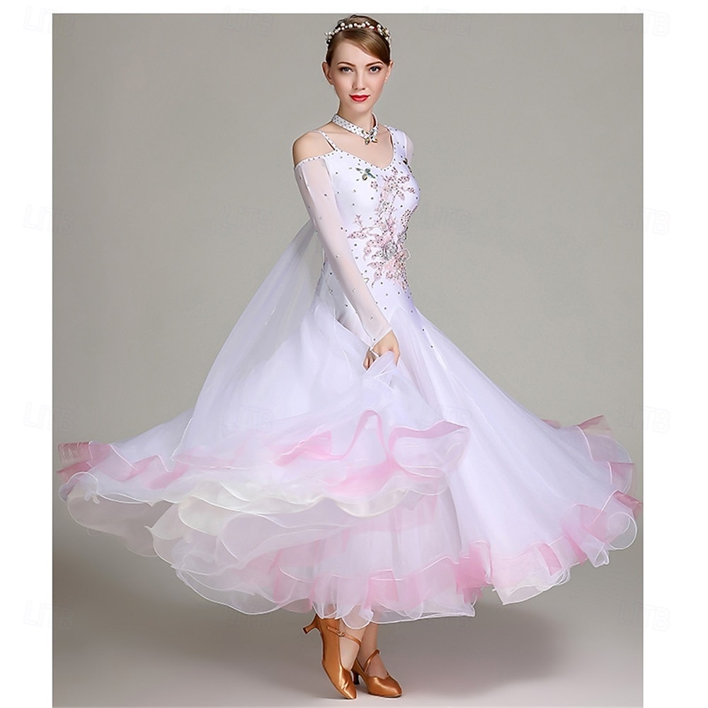 abito da ballo da sala da donna, elegante abito da competizione in tulle a strati con strass floreali sfumati, per valzer, tango, foxtrot – bianco e rosa del 2026 a $225.69 –P4