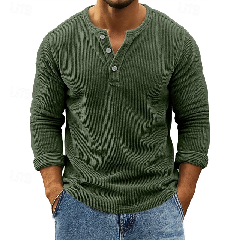 Herren T Shirt Cordhemd Henley Hemd T-Shirt Langarm Henley Frühling Herbst Einfach Mode Designer Basic Knöpfe Urlaub Straße Ausgehen Wein Top T-Shirt für Herren 2026 - $31.99 –P7