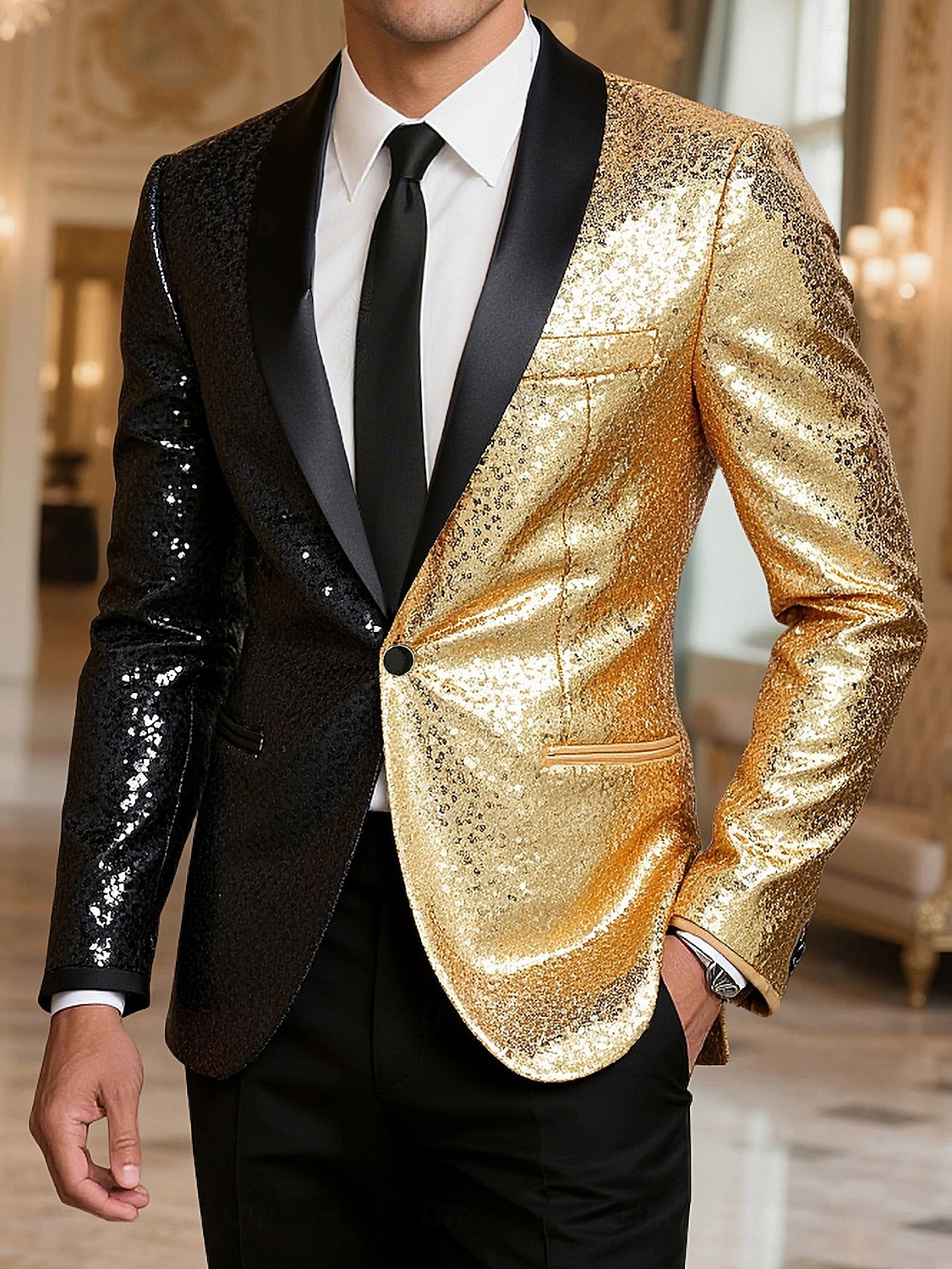 gold jacket mens fancy dress Any Old Iron Men's Gold/Silver Sequin Suit Blazer Jacket