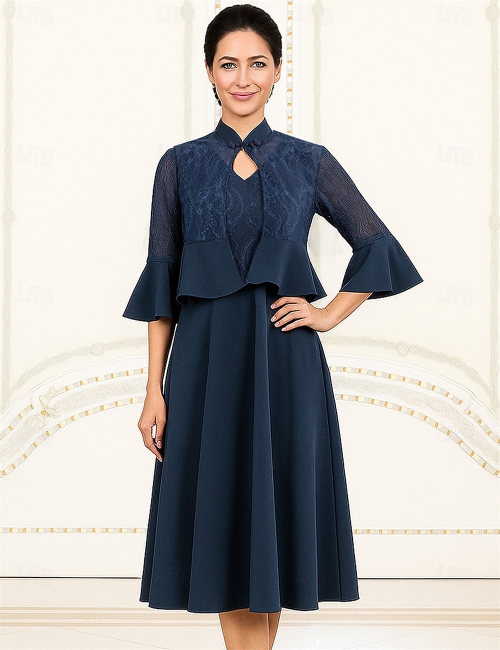 Deux Pièces Ligne A Ensembles de Robes Longueur thé Manche 3/4 Col en V Col haut Élégant ancien Formel Polyester Robe de Mère de Mariée  avec Couleur Unie de 2025 ? $69.99 –P4