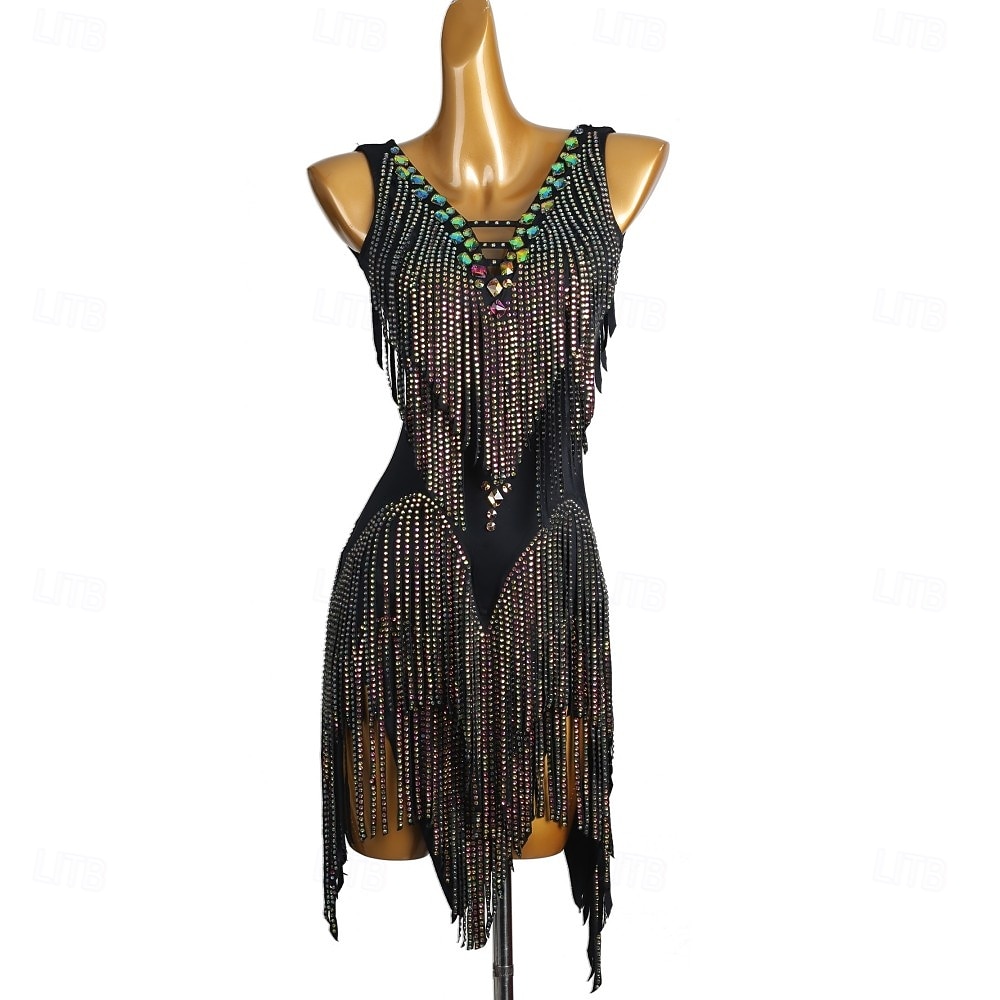 Dança Latina Vestido Recortes Cristal / Strass Mulheres Espetáculo Treino Sem Manga Alto Elastano de 2025 por $411.59 –P1
