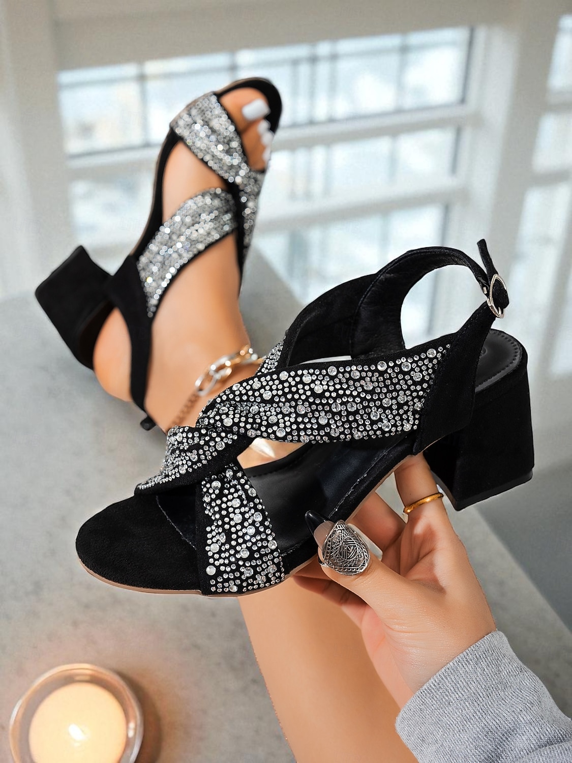 sandali da donna con tacco a blocco incrociato e strass neri - tacchi glamour con punta aperta per le feste di Natale e Capodanno &eventi serali del 2026 a $29.99 –P4