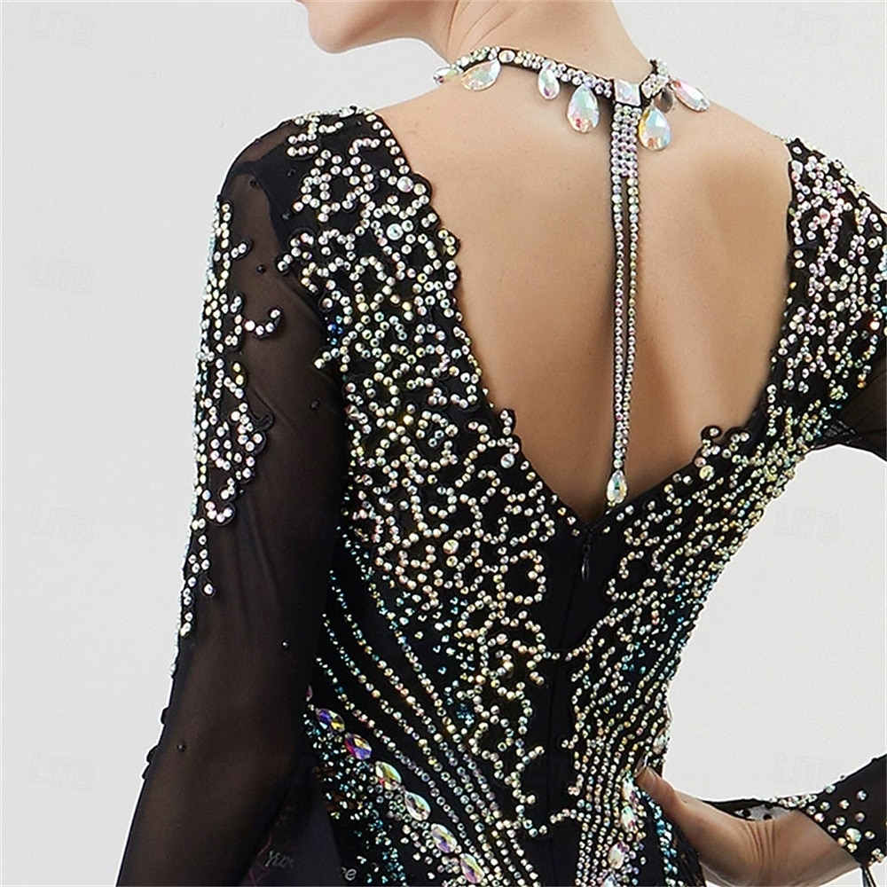 Women's Ballroom Dance Dress Rhinestone Mesh Long Sleeve Waltz Tango Competition Performance Gown with Layered Gold Hem – Black Gold 2025 - $590.89 –P4