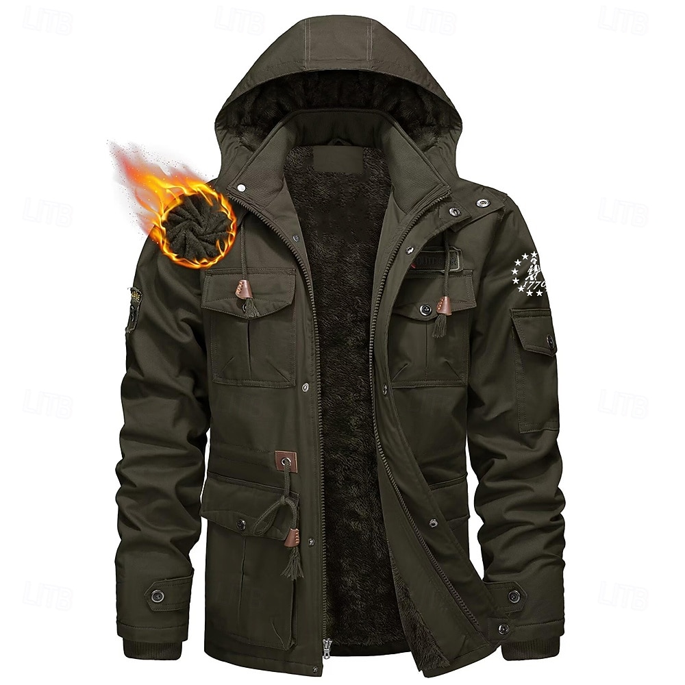Voor heren 1776 Fleecejack Cargo-jack Windjack Thermisch Warm Casual Militair Buiten Kamperen&Wandelen Geborduurd Afneembare capuchon Capuchon Winter Opstaand Lange mouw Zwart khaki Leger Groen 2026 - $68.99 –P1