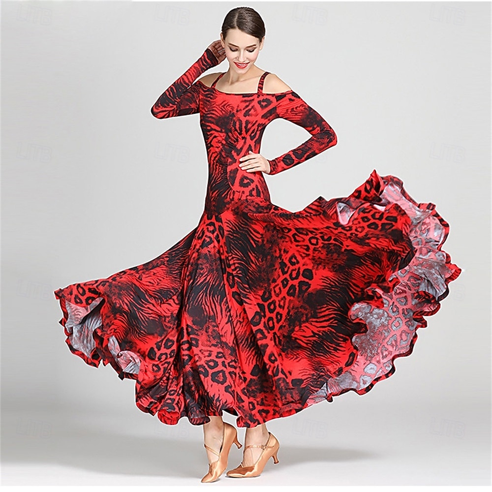 Animal Print Off-Shoulder Ballroom Dance Dress for Women - Long Sleeve A-Line Gown for Competitions, Latin, and Dance Events 2026 - $131.99 –P2