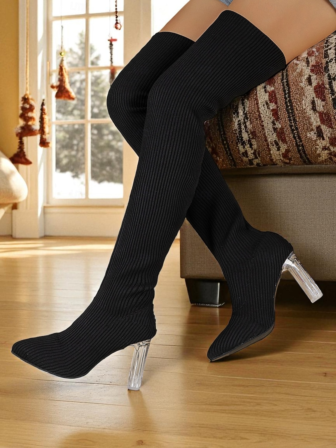 Bottes au-dessus du genou en tricot côtelé rouge pour femmes avec