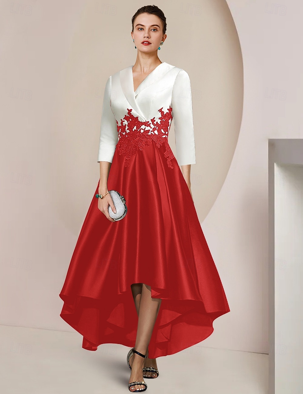 A-Linie Asymmetrisch Tee-Länge Partykleid Cocktailkleid Kleid für Hochzeitsgäste Brautmutterkleid Dreiviertelarm Hemdkragen Elegant High-Low Formell Hochzeitsgast Satin Spitze mit Applikationen 2026 - $157.99 –P11