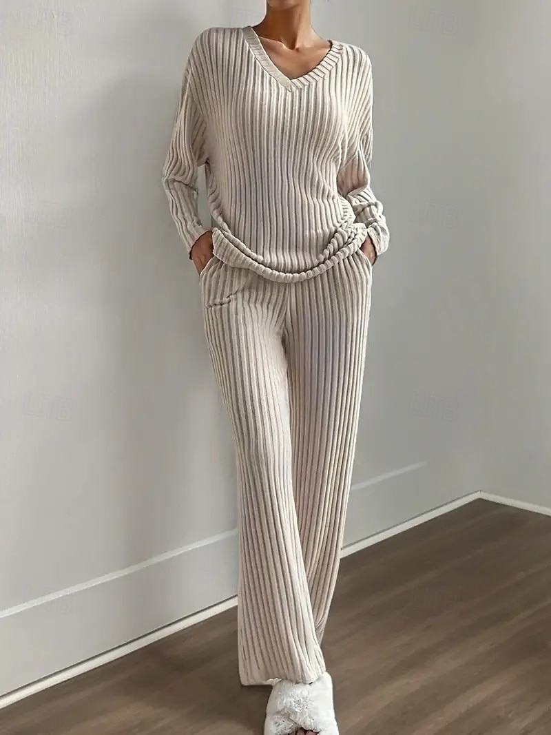 Femmes Élégant Chaud ancien Ensembles deux pièces manche longue Col en V Couleur Unie Extérieur Occasionnel Quotidien Noir Vert Claire Marron clair Printemps Coupe Ample de 2025 ? $21.99 –P2