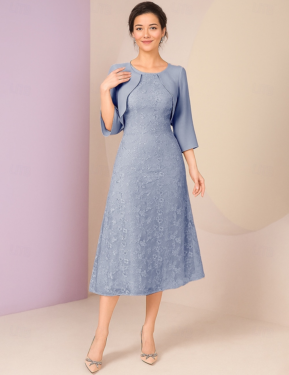 Vestido de fiesta A-line hasta el tobillo vestido de cóctel vestido de invitada de boda vestido de madre de la novia manga 3/4 escote redondo elegante formal encaje con encaje 2026 - $103.99 –P6