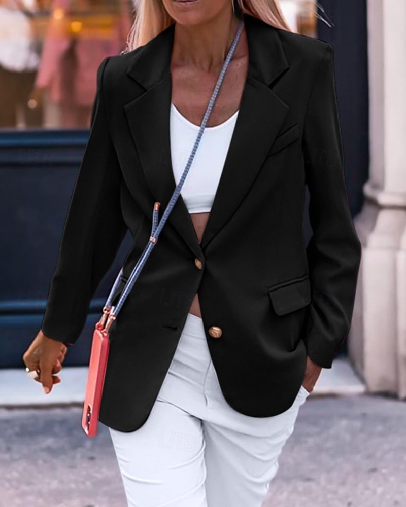 Women's Blazer Comfortable Pocket Buttons Active Plain Outdoor Vacation Going out Weekend Regular Turndown Regular Fit Long Sleeve Outerwear Black White Wine Fall Winter 2026 - $35.99 –P7