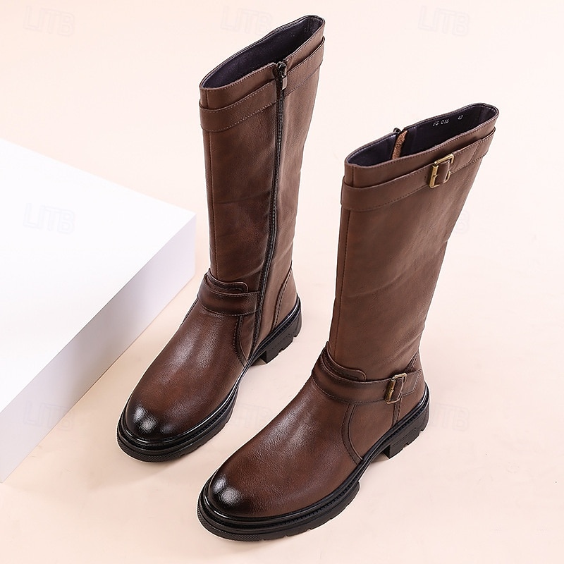 Bottes d'équitation montantes en similicuir marron pour homme avec sangle à boucle, bottes hautes équestres vintage pour la mode et les costumes de 2025 ? $69.99 –P10