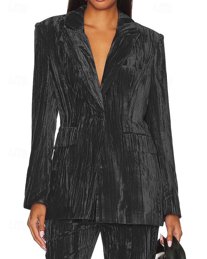 Dam Kavaj Sammetsblazers Håller värmen Bekväm Rynkad Ficka Knappar Elegant Retro Ensfärgat Formell Semester Gata Ledigt Normal Hakslag Normal Långärmad Ytterkläder Svart Vit Vin Höst Vinter 2025 - $37.99 –P7