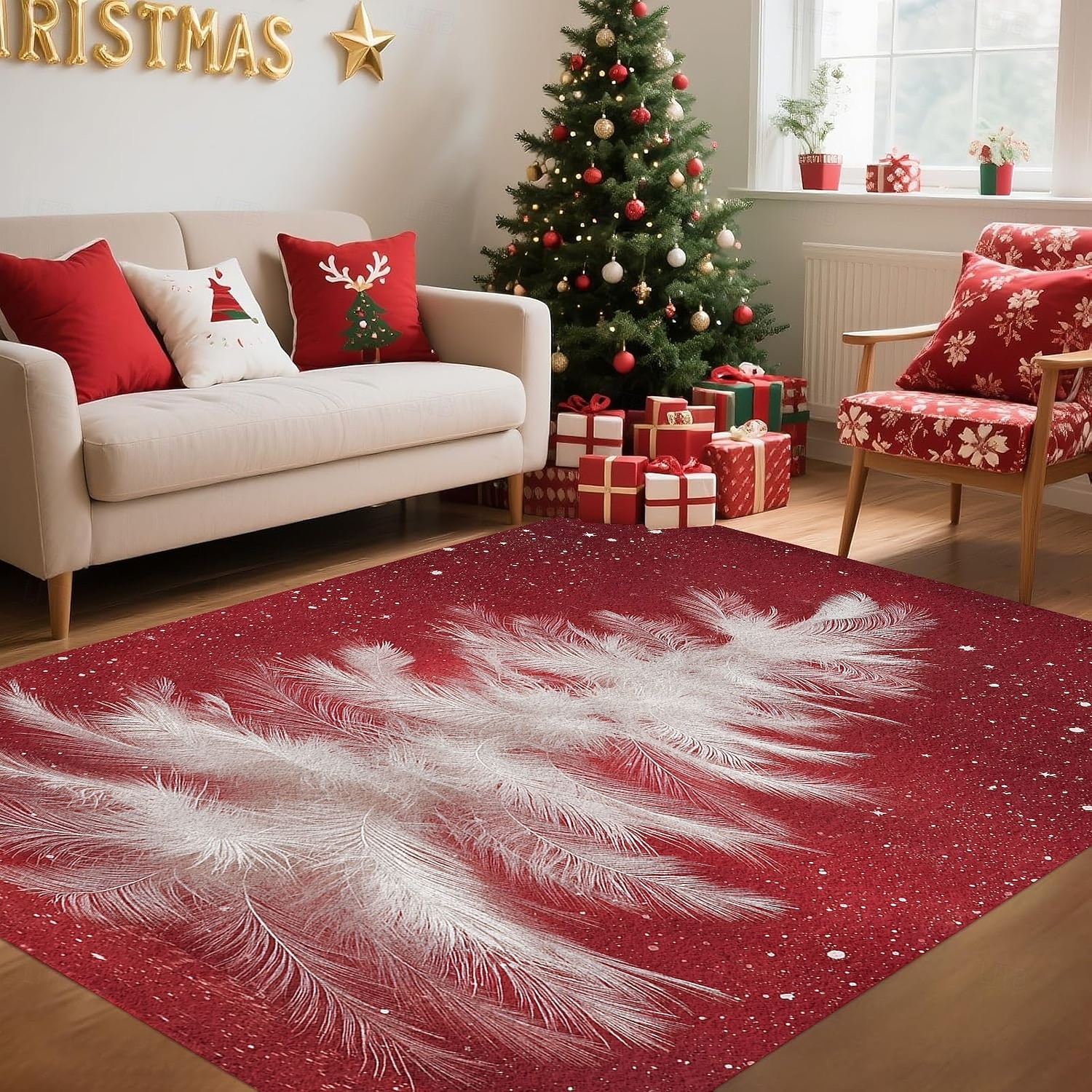 Коврик с белым рождественским деревом для гостиной и спальни элегантный белый сосновый коврик с красным фоном из искуcственного кашемира праздничное декоративное искусство мягкий нескользящий 2025 - $36.99 –P4