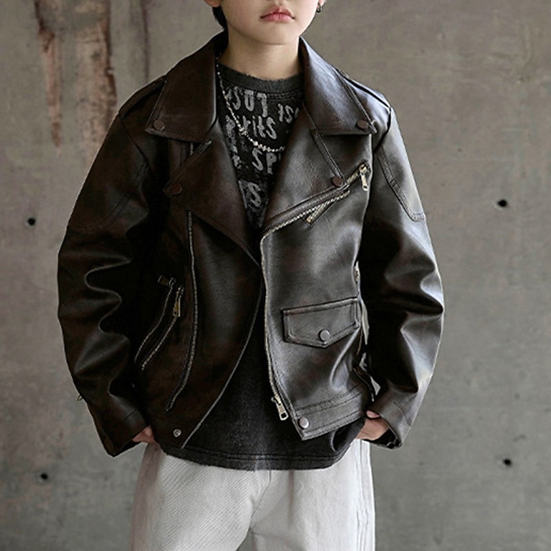 Niños Chico Chaqueta de cuero negro Chaqueta Ropa de calle Plano Manga Larga Cerrar IMPERMEABLE Paravientos: Abrigo Diario Moda Casual Negro Marrón Primavera Otoño 4-12 años 2026 - $55.99 –P8