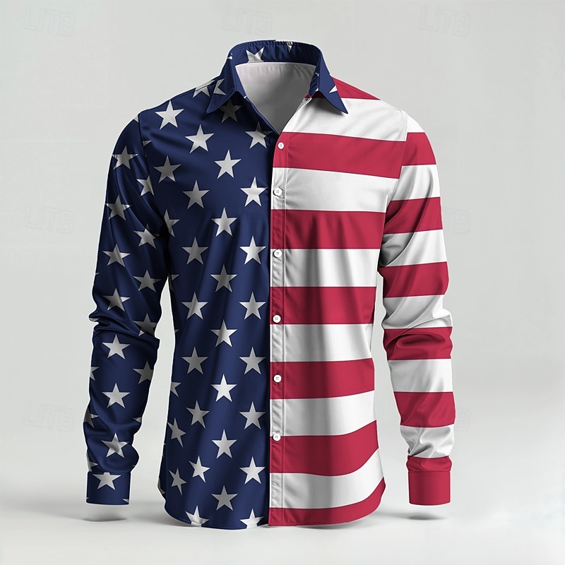Men's American Flag Shirt Casual Shirt Beach Shirt Long Sleeve Casual Comfortable Vacation Street Hawaiian Spring Fall Lapel Print Dark blue Red Blue 2026 - BHD 11.06 –P1