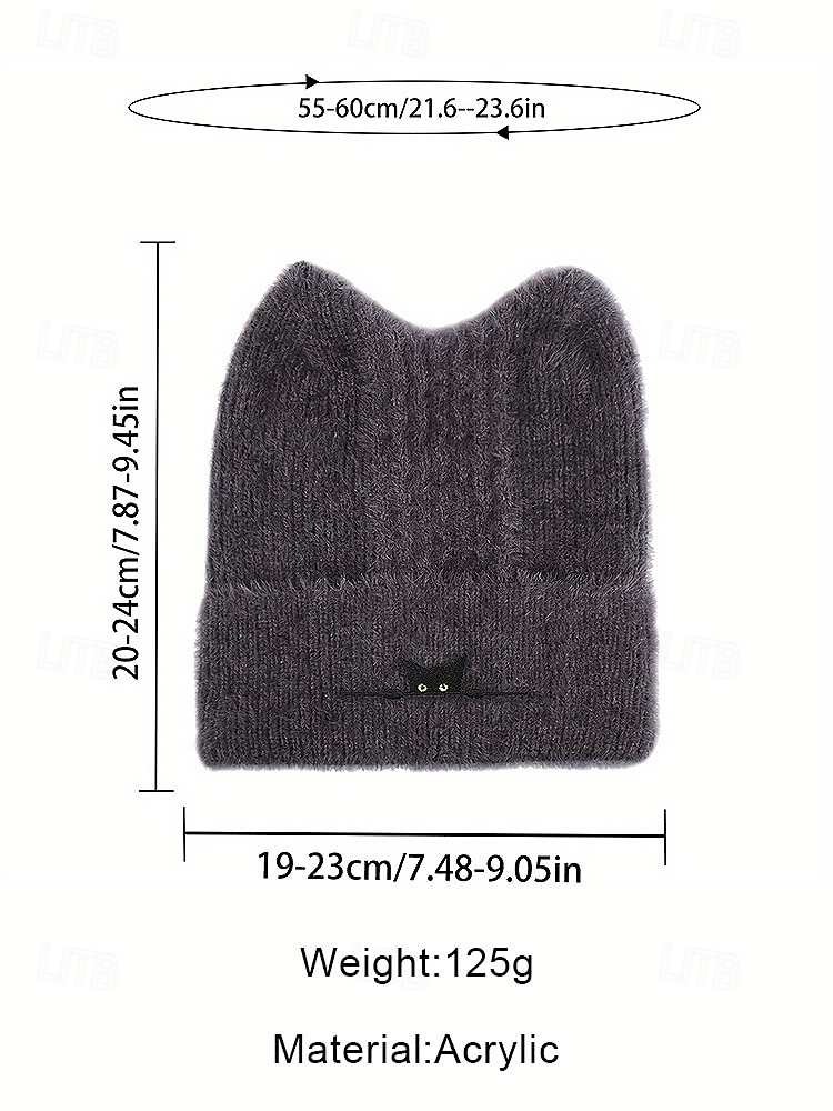 Женская пушистая вязаная шапка с кошачьими ушками, милая зимняя теплая шапка с вышивкой черного кота, стильный рождественский подарок для девочек и женщин 2026 - $14.99 –P7