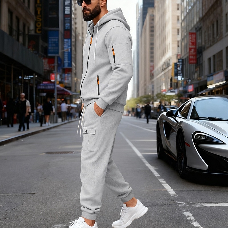 Men's Tracksuit Outfit Set Hoodies Set Hoodie Outdoor Daily Sports Drawstring Zip Up Pocket Plain Black Navy Blue Brown Polyester Activewear Fashion Streetwear Fall 2026 - $56.99 –P3