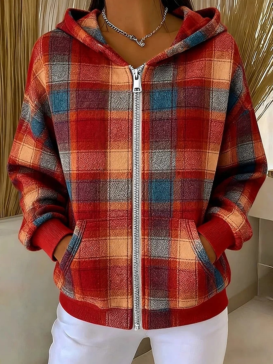 Per donna Felpe con cappuccio Patchwork Cerniera Tasca Grafico Plaid Moda Casual Manica Lunga Con Cappuccio Top Regolari Streetwear Abbigliamento Quotidiano Blu Giallo Viola Marrone Verde Autunno del 2026 a $36.99 –P1