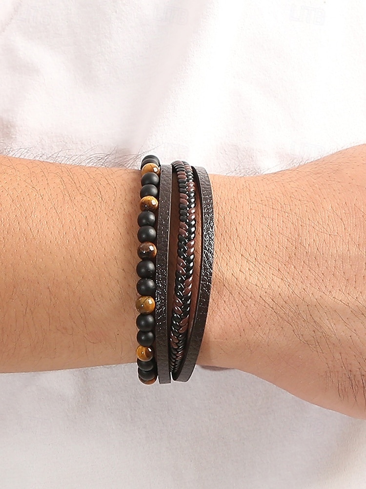 Men's Alloy Faux Leather Beaded Bracelet Set, Multi-Layer Braided Wristband with Magnetic Clasp, Fashion Punk Jewelry for Casual, Party & Gift 2025 - $11.99 –P3