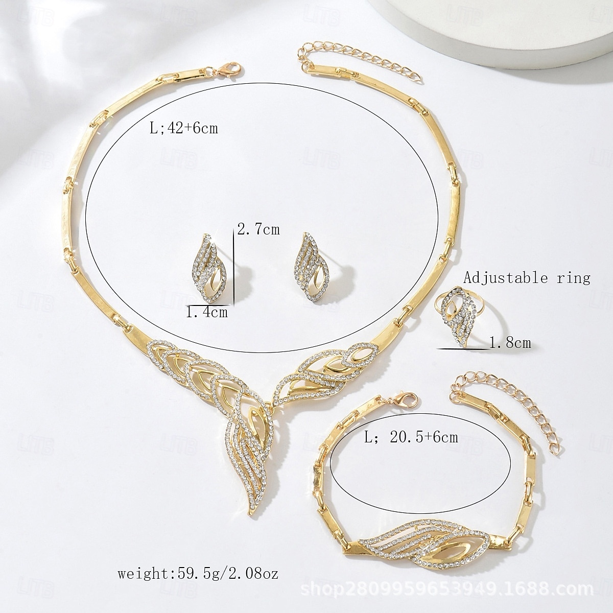Vergoldetes Damen-Schmuckset mit Strasssteinen, elegante 4-teilige Halskette, Armband, Ohrringe &Ringset für Partys, Hochzeiten &Abendveranstaltungen 2026 - $14.99 –P3