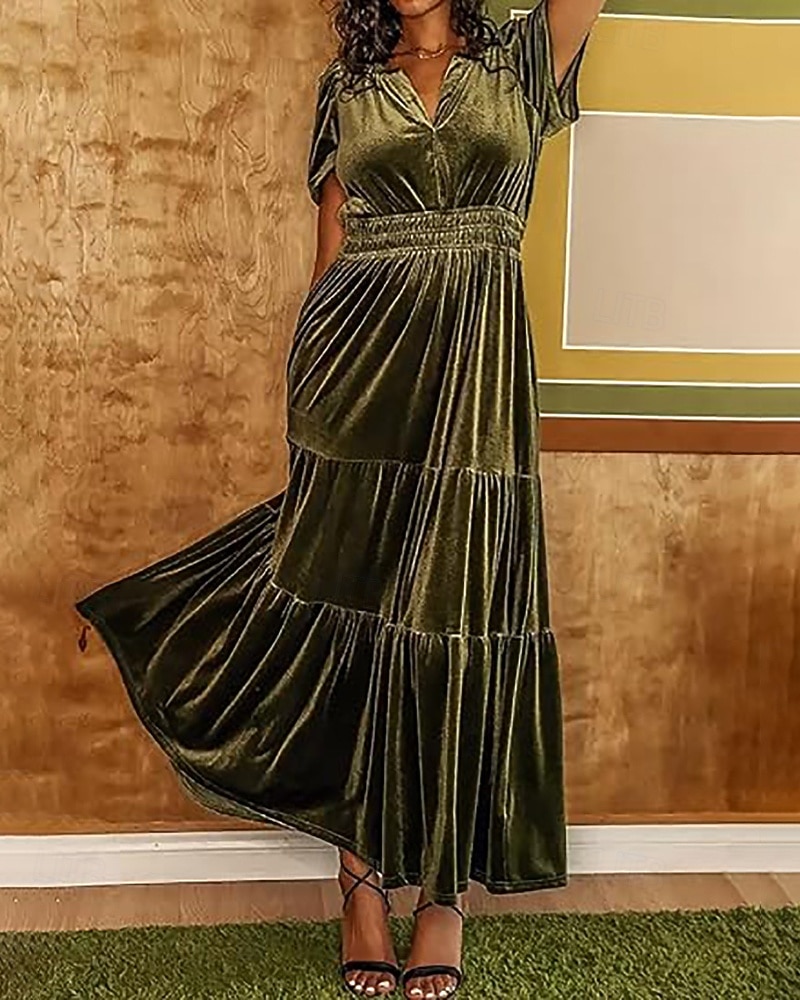 Női Midi ruha Karácsonyi ruha Bársony ruha Party ruha Koktélruha Elegáns Modern Parti Születésnap Estély Normál Sima Rövid ujjú V-alakú Bor Katonai zöld Sötétkék Sötétzöld Tavasz Ősz 2025 - $41.99 –P14