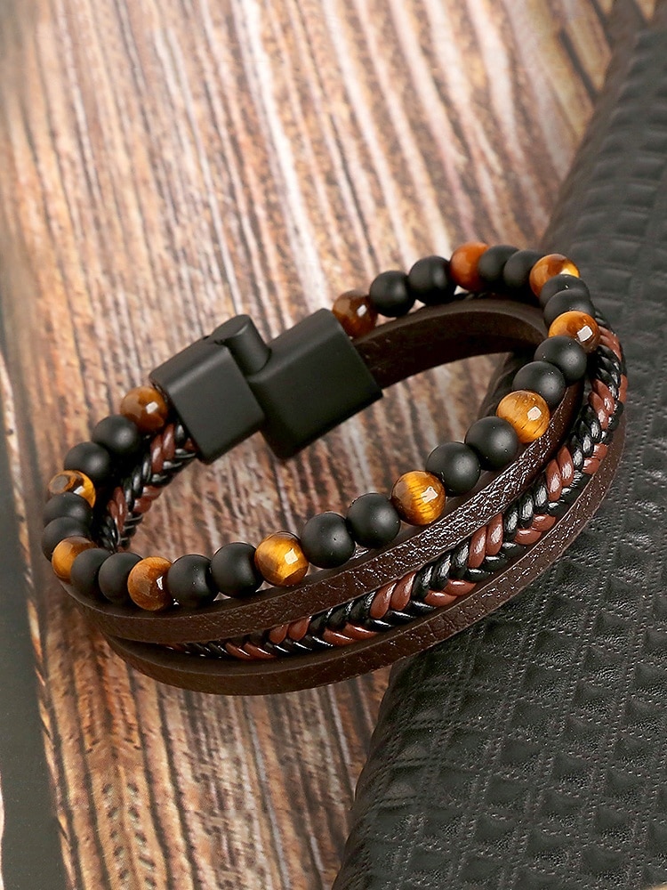 Men's Alloy Faux Leather Beaded Bracelet Set, Multi-Layer Braided Wristband with Magnetic Clasp, Fashion Punk Jewelry for Casual, Party & Gift 2025 - $11.99 –P7