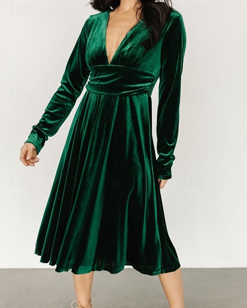 Damen Midikleid Samtkleid Partykleid Cocktailkleid Elegant Modern Party Abendgesellschaft Normale Passform Einfach Langarm V Ausschnitt Schwarz Rote Dunkelgrün Herbst Winter 2025 - $32.39 –P2