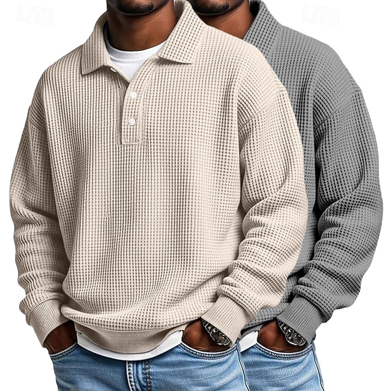 2 stuks heren wafel poloshirts golf shirt formeel zakelijk klassiek lange mouwen mode effen kleur 2 stuks multi-pack herfst lente &herfst regular fit wit paars blauw wafel poloshirts 2025 - $40.99 –P5