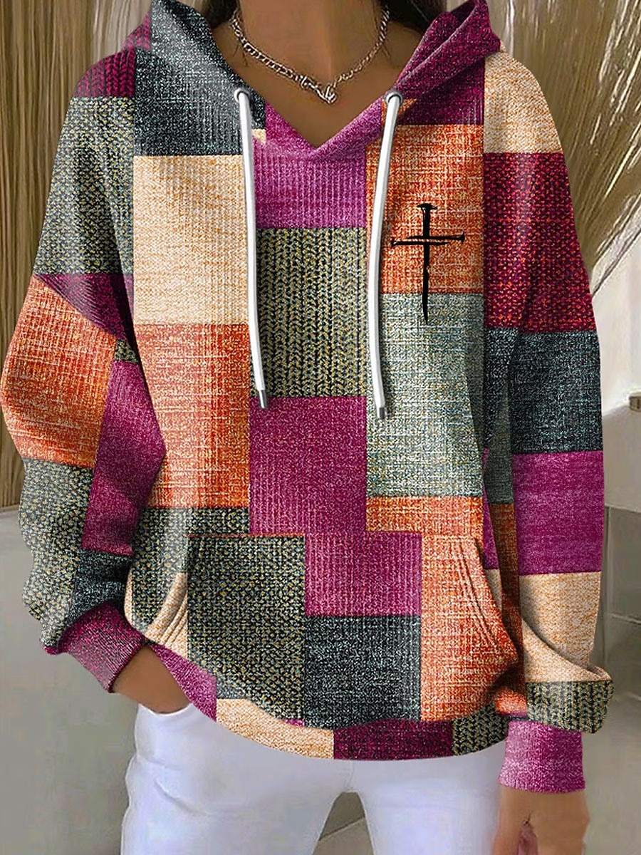 2025年 女性用 プルオーバー フーディー スウェットシャツ グラフィック 幾何学模様 あたたか ヴィンテージ カジュアル 長袖 フード付き レギュラートップス ストリート 日常着 カジュアル プリント フロントポケット ピンク パープル オレンジ グリーン 秋 冬  コレクション – $26.99 –P3
