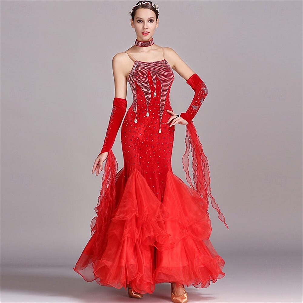 abito da ballo da sala da donna, verde smeraldo, in organza di velluto a rete con strass, a strati, per tango, valzer, foxtrot, competizione del 2026 a $225.69 –P3