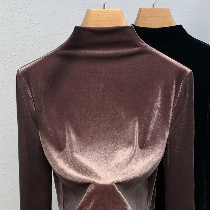 Damen Samt Elegant Bluse Einfarbig Einfach Elegant Täglich Stilvoll Langarm Stehkragen Normale Oberteile Täglich Ferien Ausgehen Schwarz Wein Purpur Braun Herbst Winter 2026 - $25.99 –P6