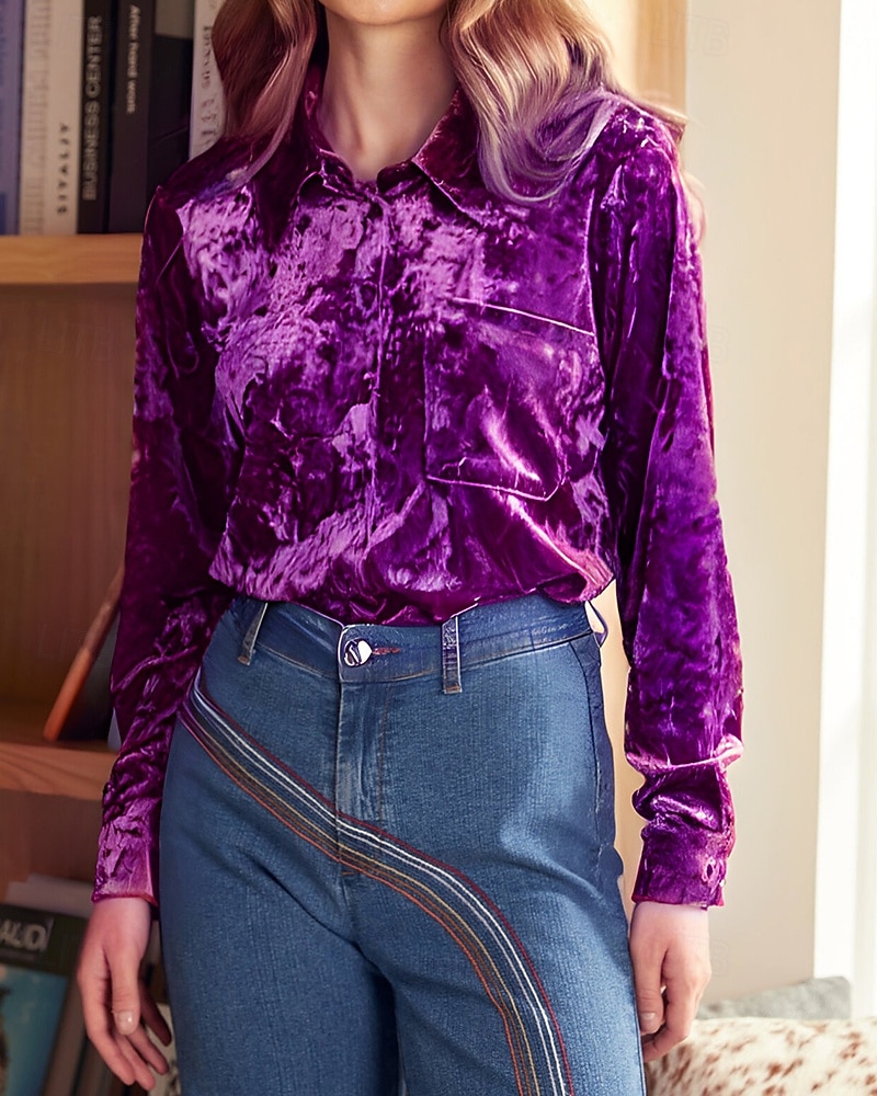 Γυναικεία Βελούδο Κομψή Φιλάρεσκος Μπλούζα Κουμπιά Σκέτο Βοημία Βίντατζ Καθημερινά Μακρυμάνικο Κολάρο Πουκαμίσου Κανονικά μπλουζάκια Καθημερινά Βραδινό Ρούχα για Πάρτυ Αργίες 2026 - $37.99 –P13