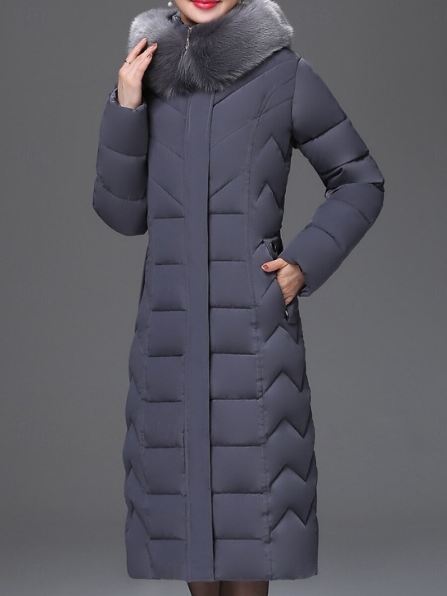 Dam Anorak Bekväm Andningsfunktion Dragkedja Ficka Knappar Pälskrage Ledigt Slät Semester Gata Ledigt Dagliga kläder Dragkedja Lång Huva Normal Långärmad Ytterkläder Svart Vin Rubinrött Vår Höst 2025 - $71.99 –P7