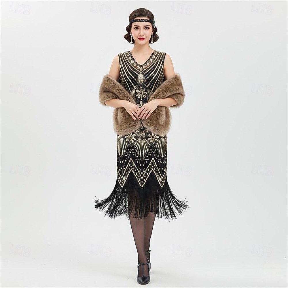 Sada Retro Řvoucí 20s 20. léta 20. století Polední Bubenové šaty Fancy kostým Šátek z umělé kožešiny s příslušenstvím Velký Gatsby Buben dívka Flitry Třásně Maškarní kostým Dámské Vánoce Nový rok 2025 - $105.99 –P4