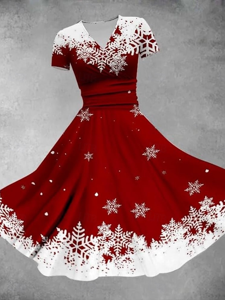 Christmas Women's Midi Dress A Line Dress Fit And Flare Dress Party Casual Daily Holiday Regular Fit Graphic Plaid Snowflake Short Sleeve V Neck Black White Red Green Fall Winter 2025 - $32.99 –P2