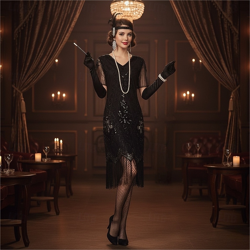 Sett De livlige 20-årene 1920-tallet Knelengde Flapper kjole Cocktailkjole Fancy kostyme med tilbehør Korte ermer Den store Gatsby Flapper Girl Paljetter Dusk V-hals Kostyme Dame Jul Nytt År 2026 - $52.99 –P1
