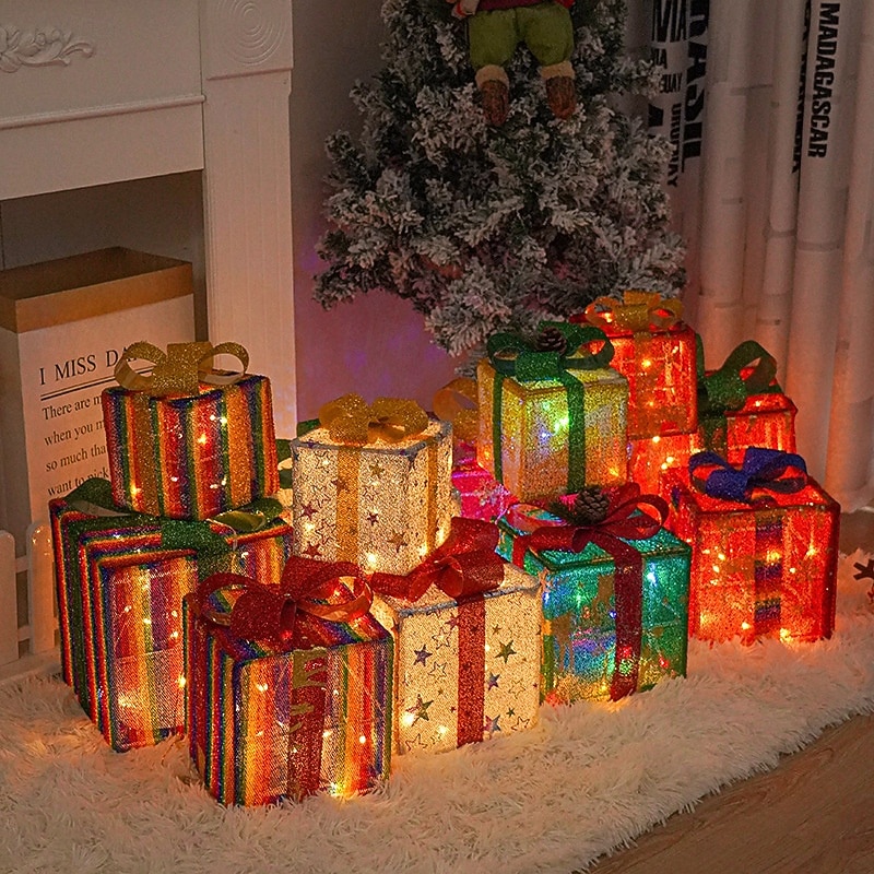 3 Pcs Christmas LED with light bow glowing gift box, indoor and outdoor party atmosphere decoration light props ornament, 8-function waterproof battery box, 15.5/20.5/25.5CM 2025 - CAD $32.99 –P4